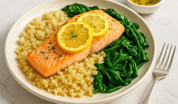 Lemon Herb Baked Salmon with Quinoa and Spinach Recipe
